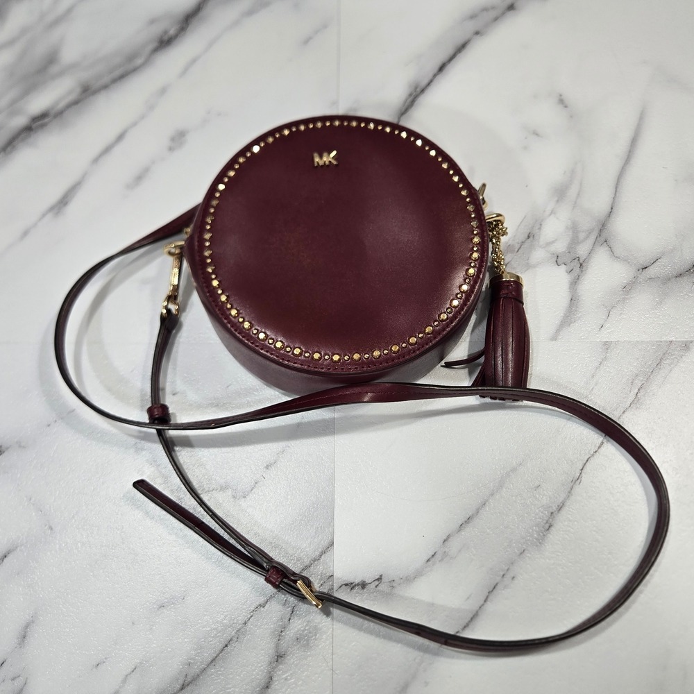 Michael Kors Canteen Crossbody Bag Merlot Leather Studded Tassel Purse Round
